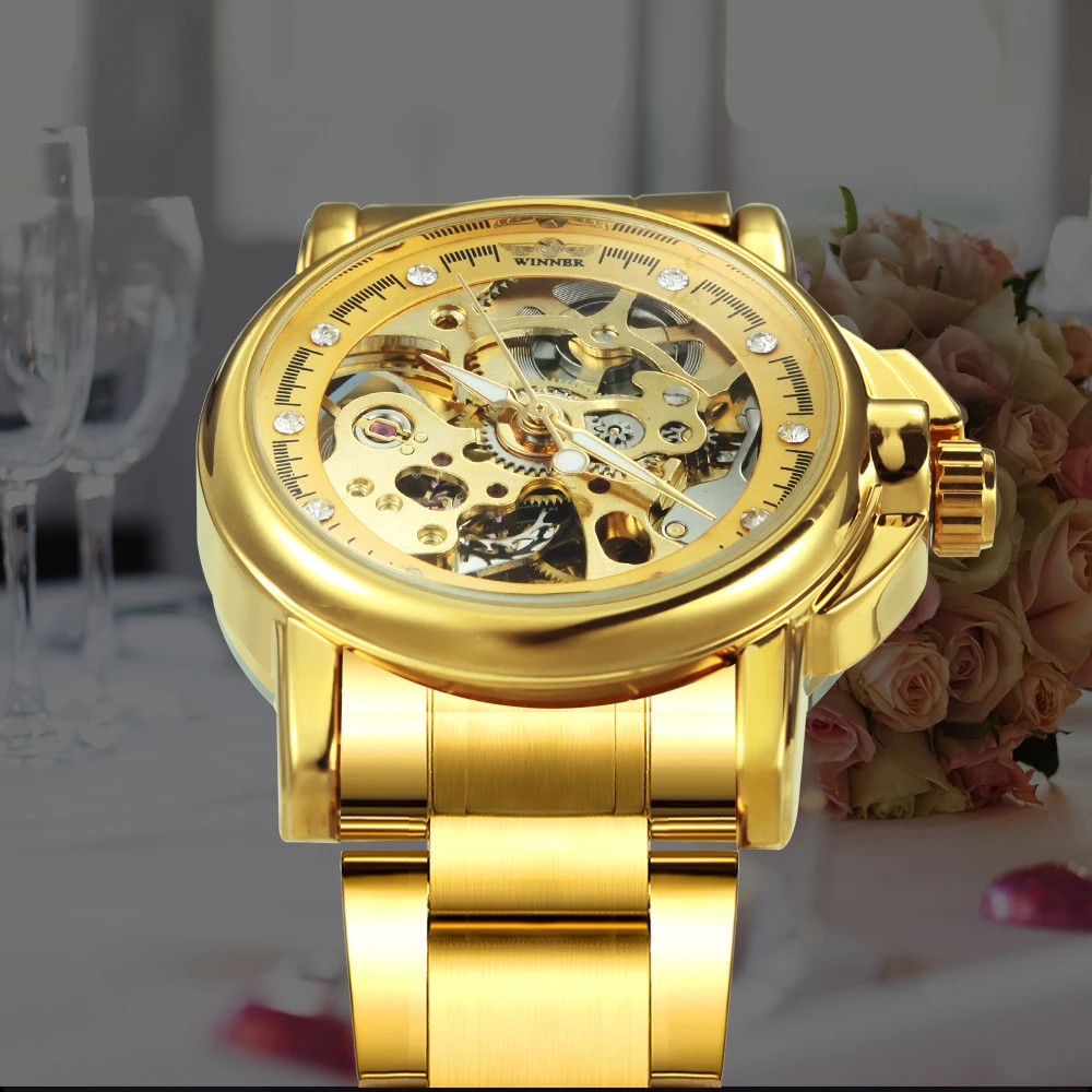 WINNER Luxury Skeleton Automatic Watch for Women Fashion Diamond Elegant Mechanical Watches Gold Stainless Steel Strap Luminous