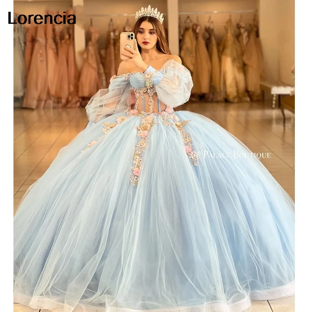 Lorencia mexikanisch blau quince anera kleider applique 3d blume perlen abnehmbare ärmel tüll süß 16 vestidos de 15 años yqd653