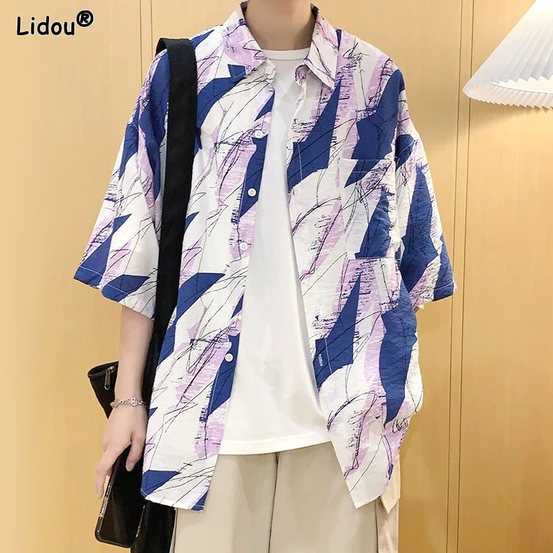 

2023 New Men's Clothing Korean Fashion Hipster Loose Printing Elbow Sleeve Button Turn-down Collar Casual Thin Summer Man Shirts