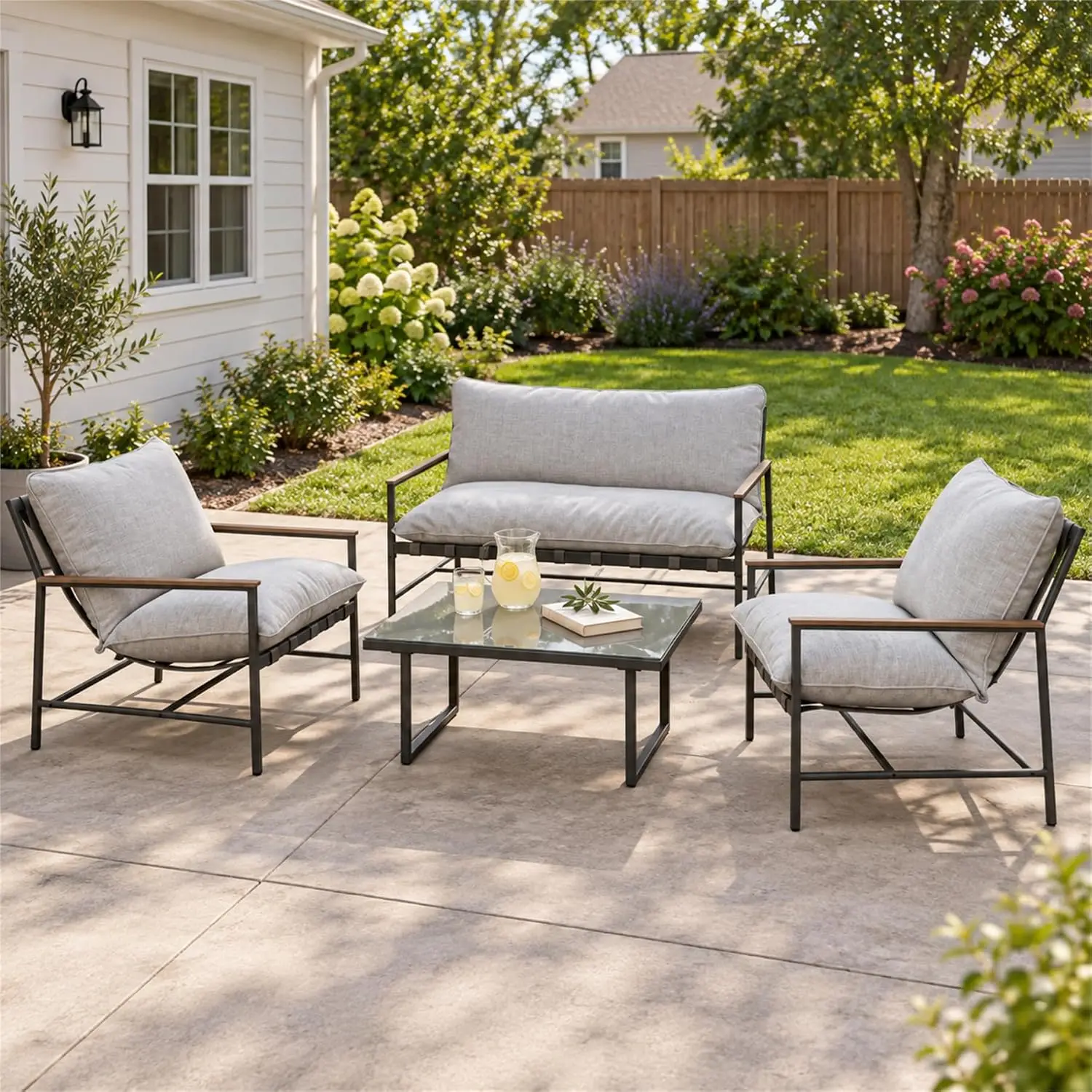 4-Piece Grey Patio Sofa Set With Glass Top Coffee Table For Outdoor Garden, Customized