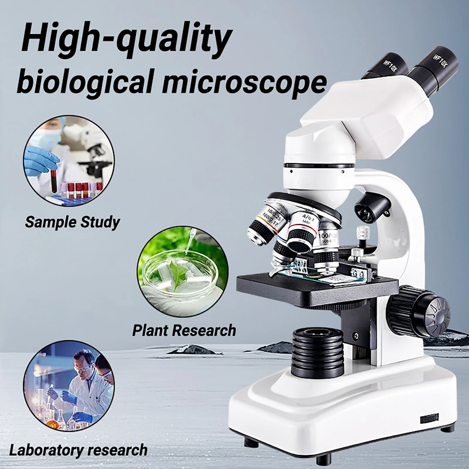 Microscopio Binocular para estudiantes, microscopios 64X-1600X, cuerpo metálico, doble iluminación LED, Kit de microscopio compuesto biológico