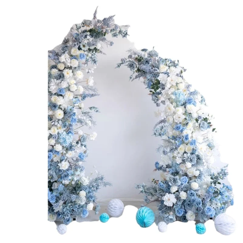 Wedding decoration blue horn arch floral arrangement, stage photography background outdoor event ceremony finished product