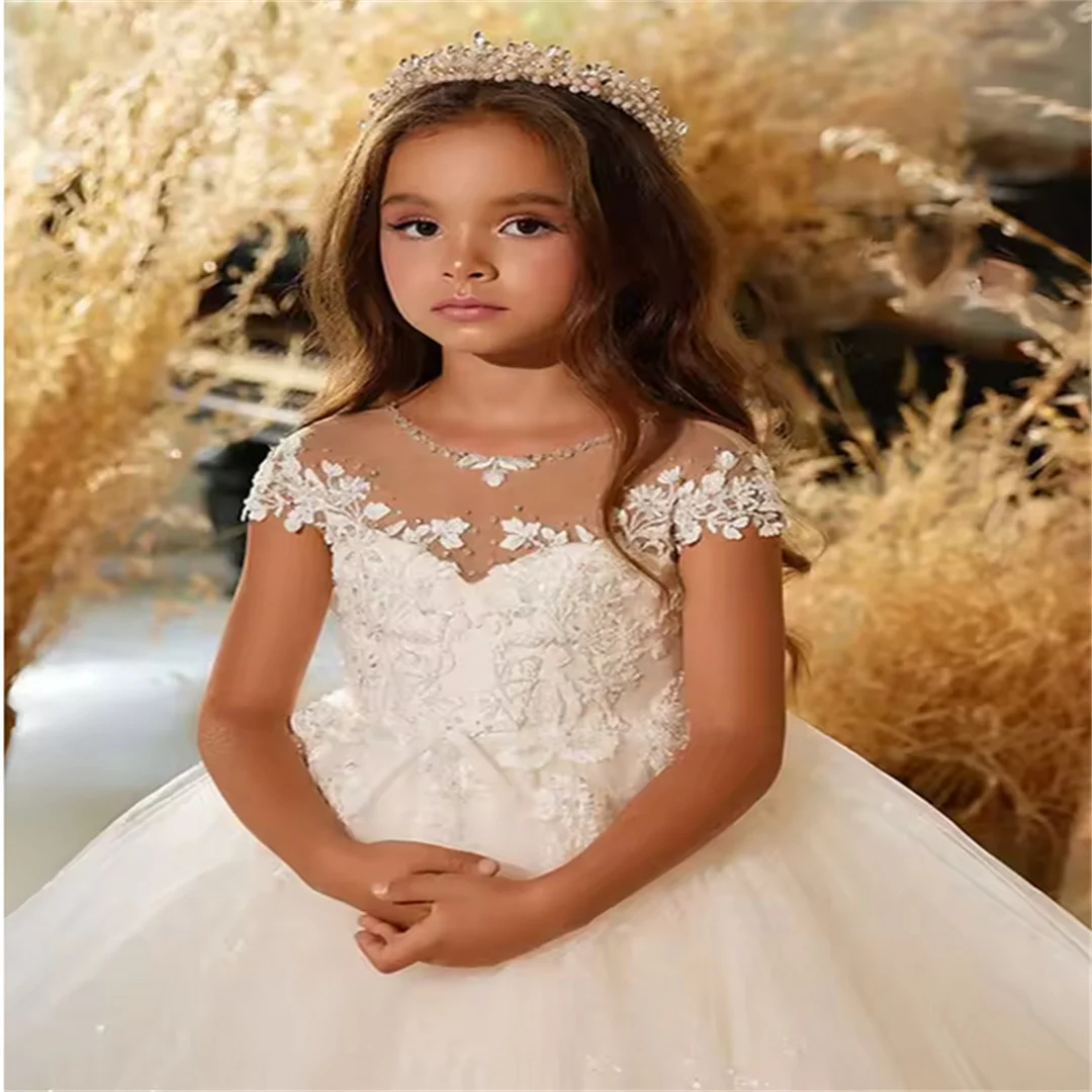 Elfenbeinfarbenes, elegantes Blumenmädchenkleid für die Hochzeit, Spitze, glänzender Tüll, bodenlang, Kindergeburtstag, Partykleid, Prinzessin, Ballkleid