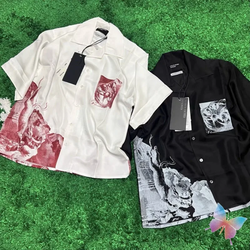 

Summer Street Cat Mouse Game Black White ERD Shirts Abstract Print Loose Fit Short Sleeved Tops Men Women Hawaiian Shirt