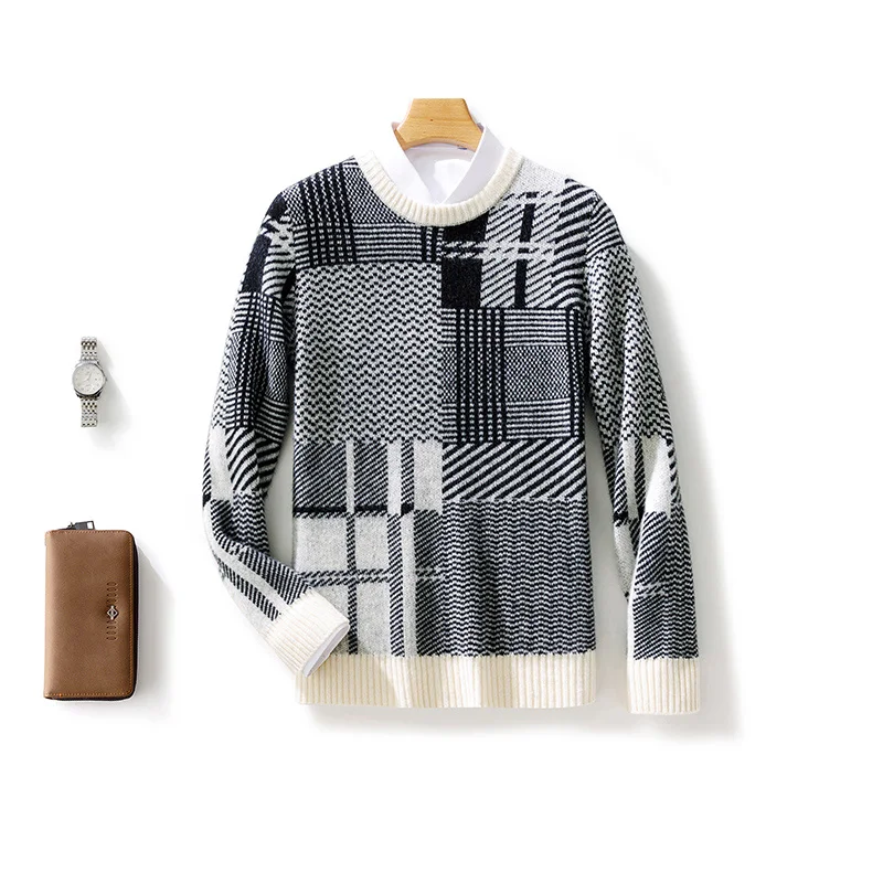 Autumn Winter 100% Merino Wool Fashion O-Neck Color-Block Striped Sweater Pullover Cashmere Long Sleeves Casual Clothing Top