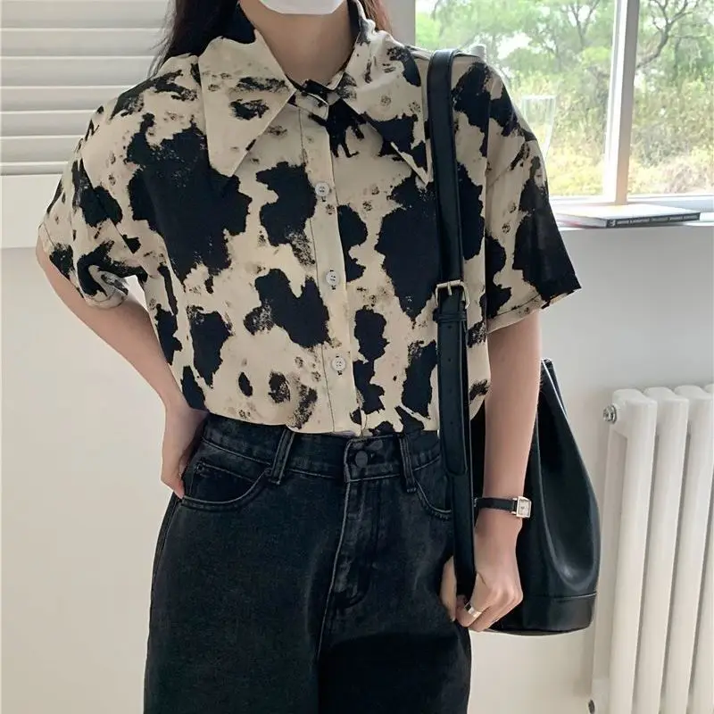 XEJ NAINI Cow Print Shirt Women Summer Top 2024 Chiffon Elegant Social Women\'s Shirt Oversized Shirt Silk Blouse Short Sleeve