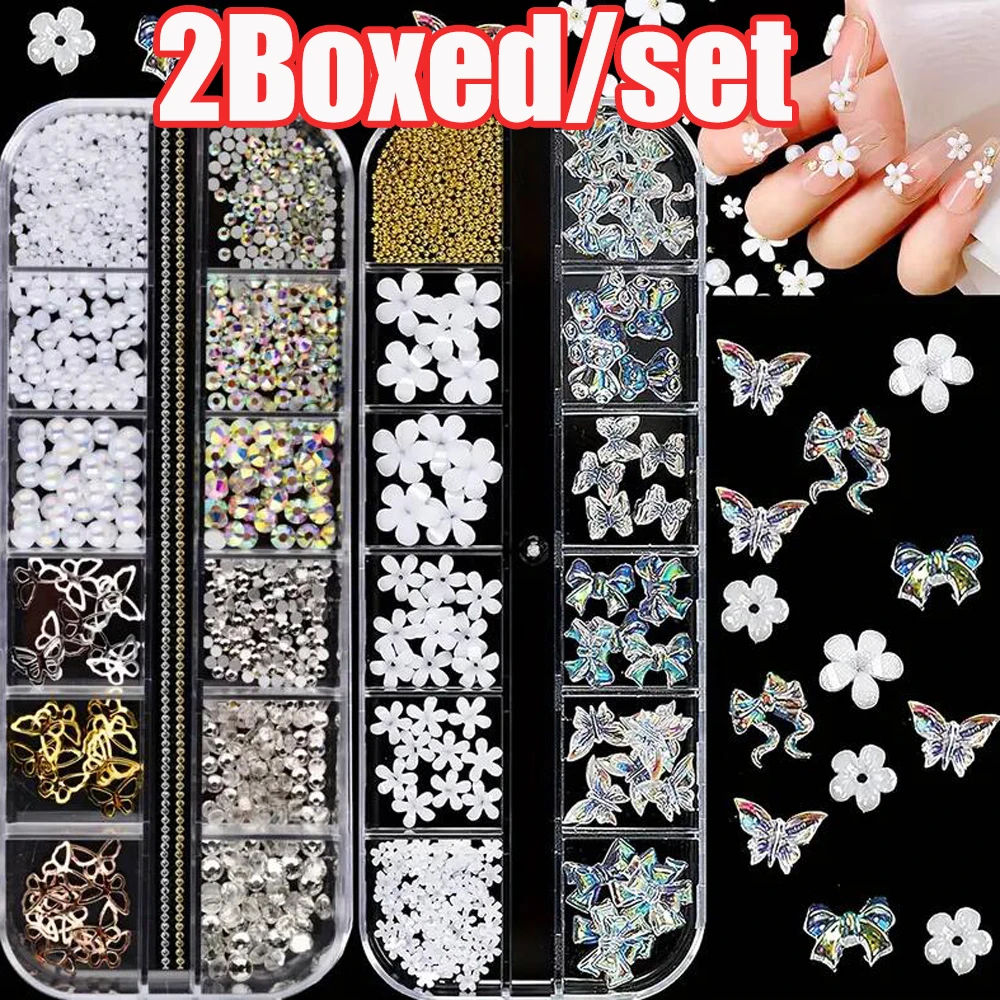 

2Boxed Mixed Mini Diamond+Resin Flowers+Pearl Nail Art Decoration 12Grid Multi-Kind Acrylic Flowers/Bead Nail Charms DIY Parts