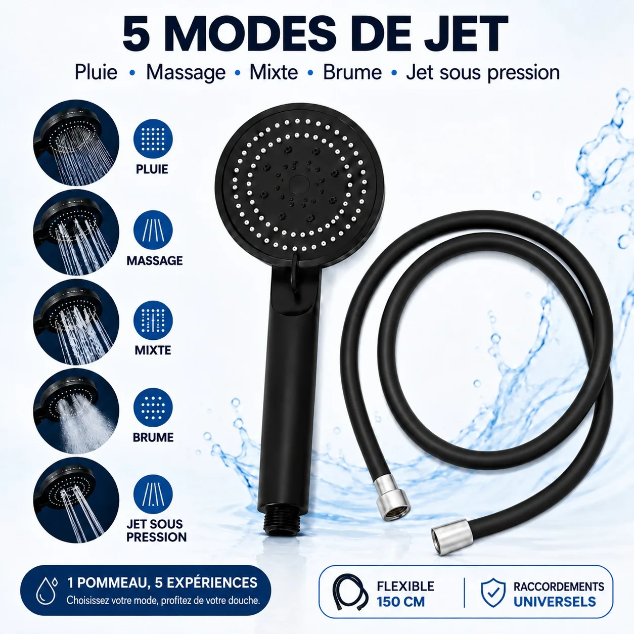 Pommeau de Douche Noir Mat avec Flexible 150cm, Douchette à Main Haute Pression 5 Modes de Jet pour Salle de Bain, Kit de Douche Moderne en Zinc et Plastique avec Raccord Universel