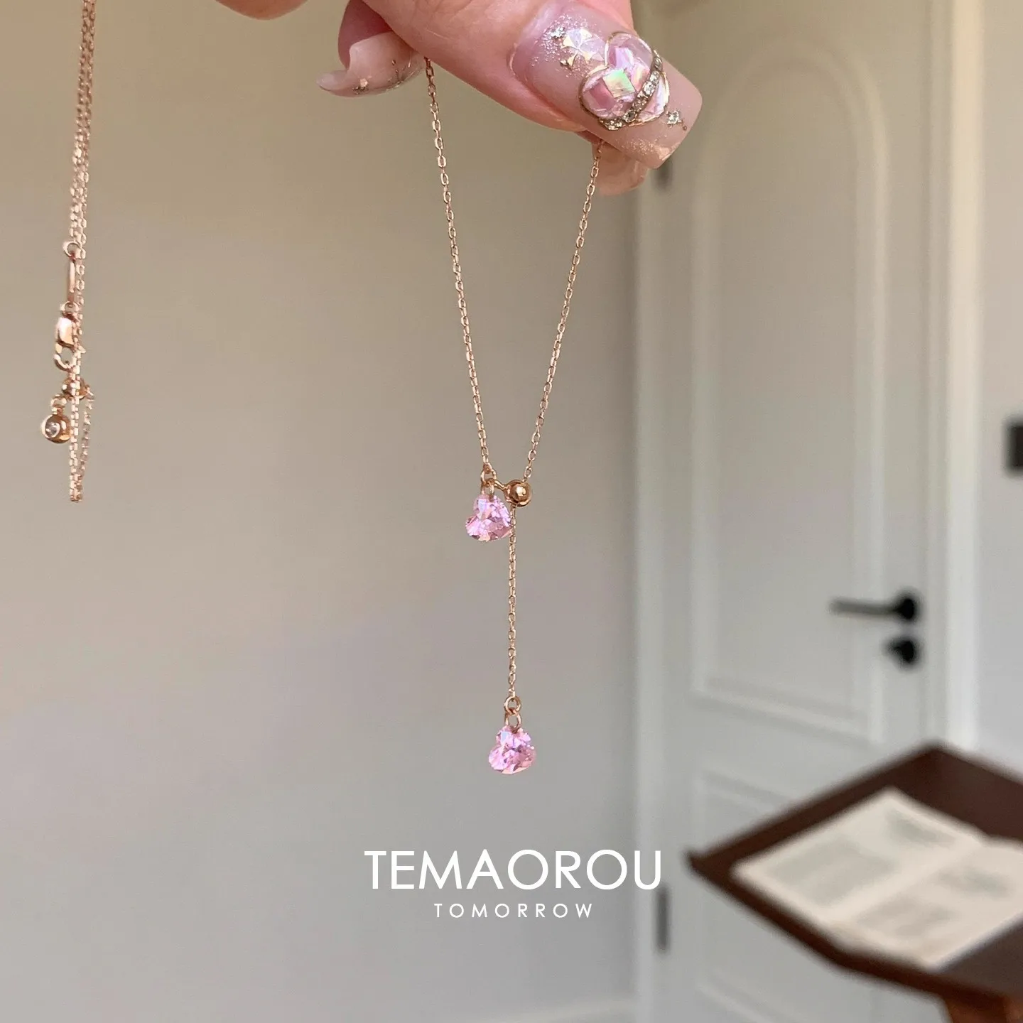 

Тонкая цепочка из розового золота с двойным розовым блеском и бриллиантами, кулон «Любовь», ожерелье, цепочка для свитера