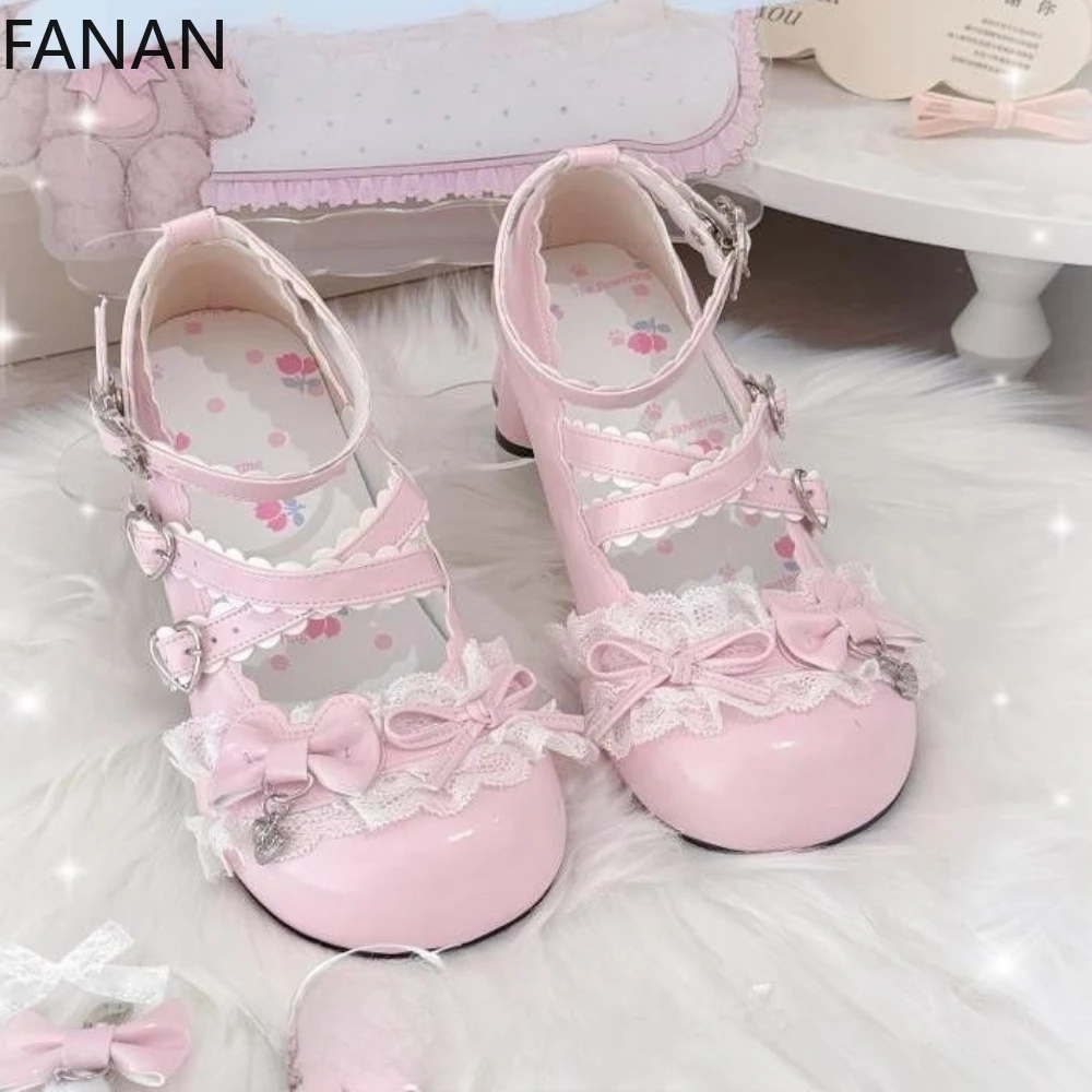 

Lolita Kawaii Platform Flats Women's Shoes Sweet Cute Bow Round Head Pink Mid Heels Pumps 2025 Popular Summer Shoes
