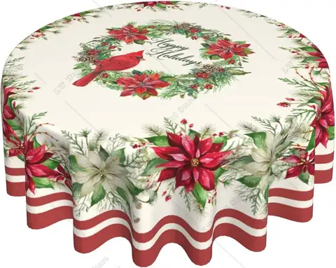 Nappe décorative florale pour fête de vacances, couverture de table, dîner, joyeux Noël, rond, cardinal rouge, hiver, 60 po