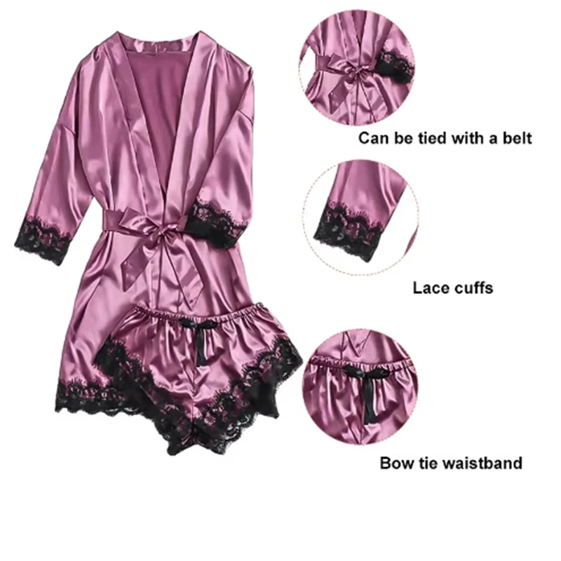 

Women's Summer Sexy Pajama Dress Pants Set 4 Pieces Lace Satin Fashion Silk Sleepwear Robe Fashion and Comfortable Nightwear