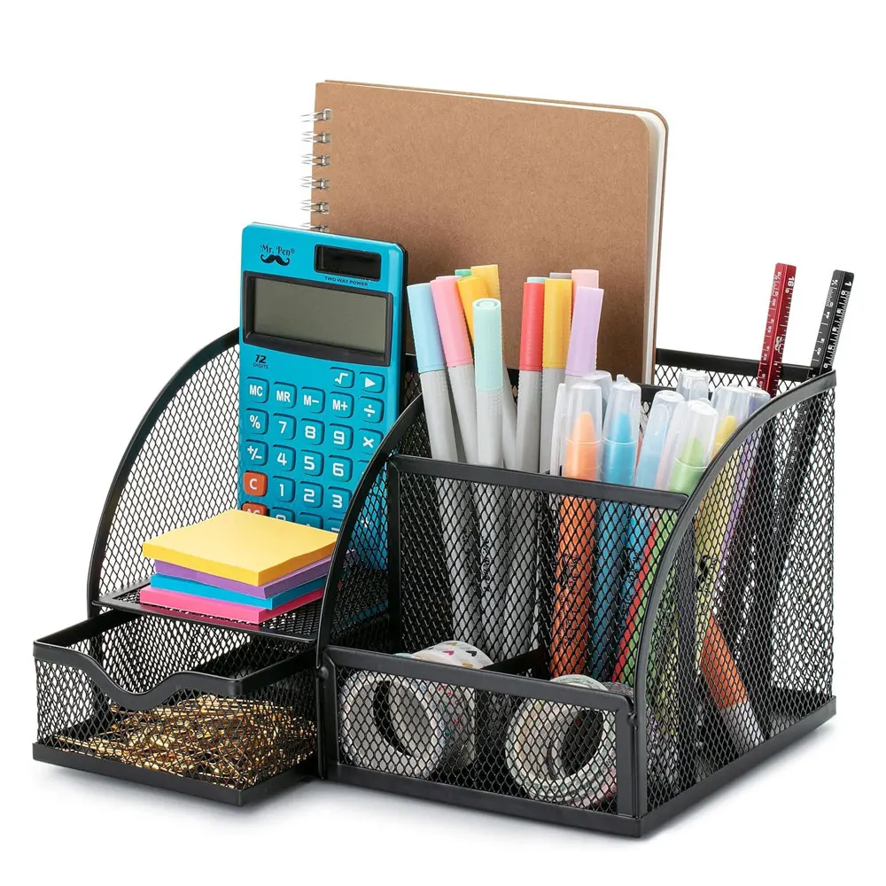Black 7-Compartment Metal Mesh Desk Organizer, Large Capacity Multi-Section Pen Holder for Office, Home, School, Dorm and Vanity