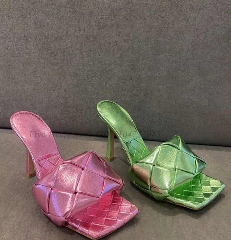 

Women Knit Square Toe Leather Mules Plus Size Metallic High Heels Slippers Luxury Designer 2025 Summer New Sandals Shoes