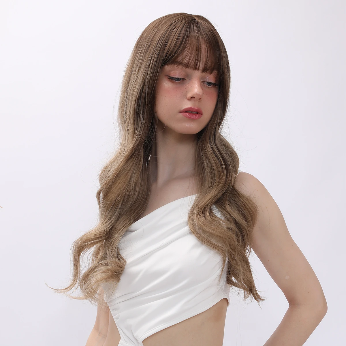 Smilco Long Wavy Brown Wigs With Straight Bangs For Women Cosplay Party Daily Cosplay Synthetic Fake Hair Heat Resistant Wig