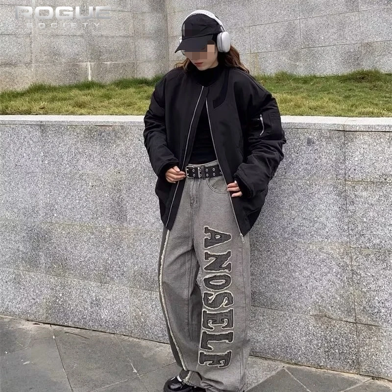 

Streetwear Summer Letter Embroidered Patchwork Jeans Men Y2K Frayed Denim Pants Hip Hop Washed Harajuku Unisex Grunge Trousers
