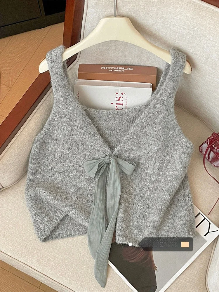 

ay Двусторонняя одежда, вязаный жилет, женская новинка 2023 года, осенняя верхняя одежда, многослойный свитер с узлом, orth Sle V-Ne Warmth Me...