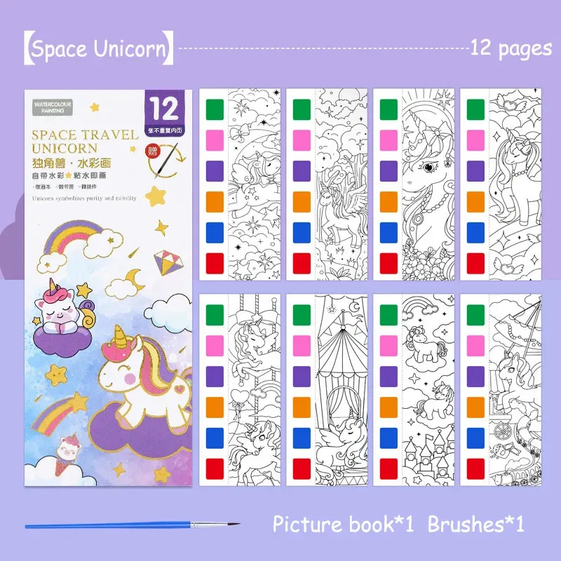 Portable Watercolor Book Set - 12 Sheets Gouache Painting with Brush, Kids Graffiti Drawing Art Stationery