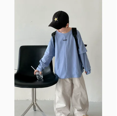 Boys T-shirt 2026 Autumn and Winter New Childrens Clothing Korean Boys and Girls Fashion Splicing Labeling Fake Two T-shirts