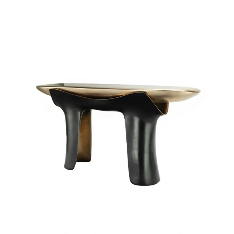 #FRP Console Table with Sleek Gold - Toned Top Paired and Bold Black Legs in an Irregular Luxury and Modern - Artistic Style