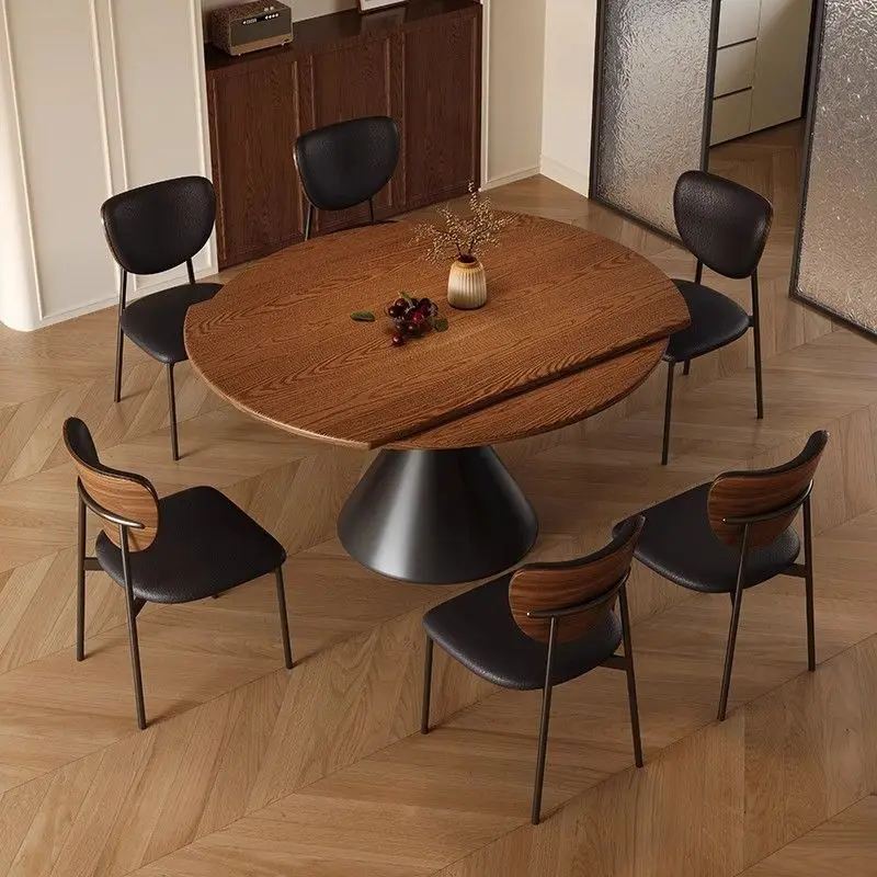 

French antique retractable folding solid wood dining table and chair combination household small apartment round dining table