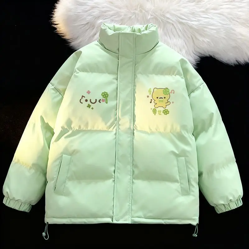Japanese Cute Four-leaf Clover Cartoon Cat Puffy Coat Autumn Winter Stand Collar Loose Puffer Jacket Thicken Warm Parkas