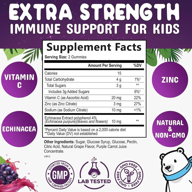 Children and toddlers immune gummies, containing vitamin C, zinc, and echinacea, for children aged 4 and above, 60 gummies