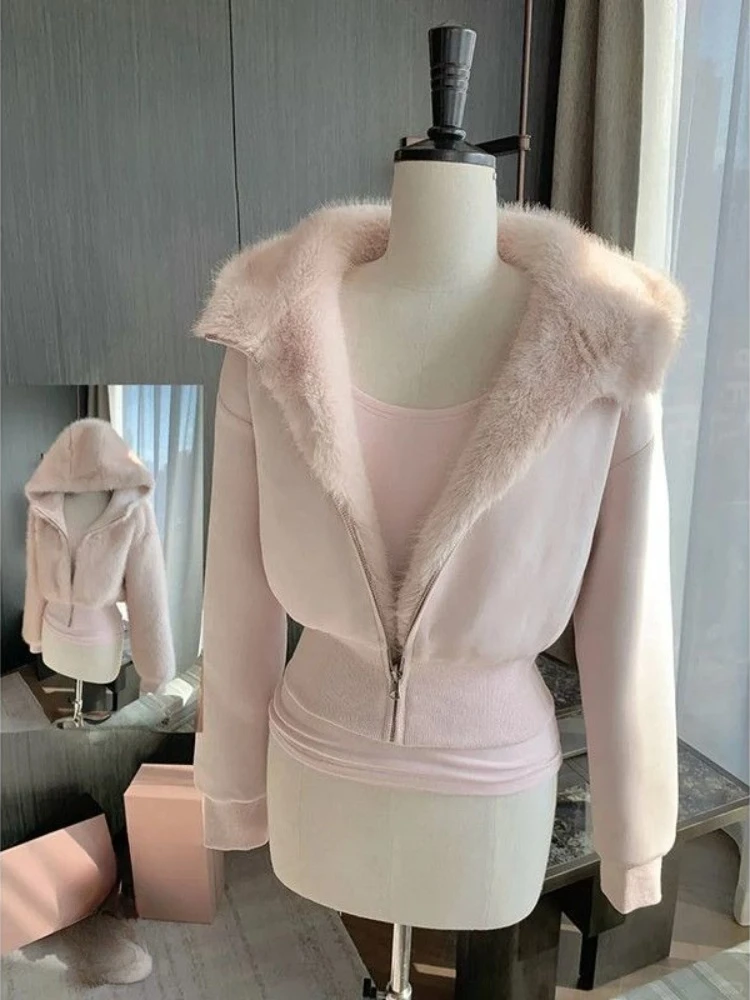 

Шикарная милая розовая пушистая куртка с капюшоном в корейском стиле, зимняя новая элегантная хлопковая тонкая куртка с мехом в стиле Харадзюку, короткие повседневные толстовки 2025