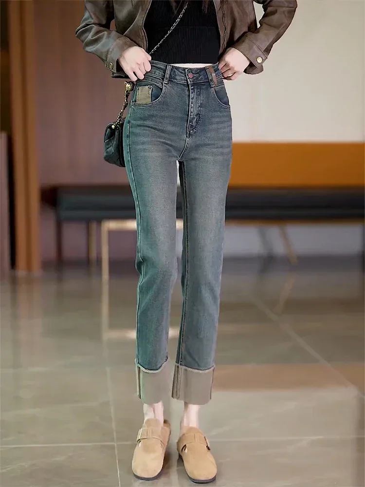 Y2k Jeans Plus-size Rolled Straight Leg Women's Jeans High Waist Slim With Stretch High Nine Minute Smoke Pipe Women's Pants