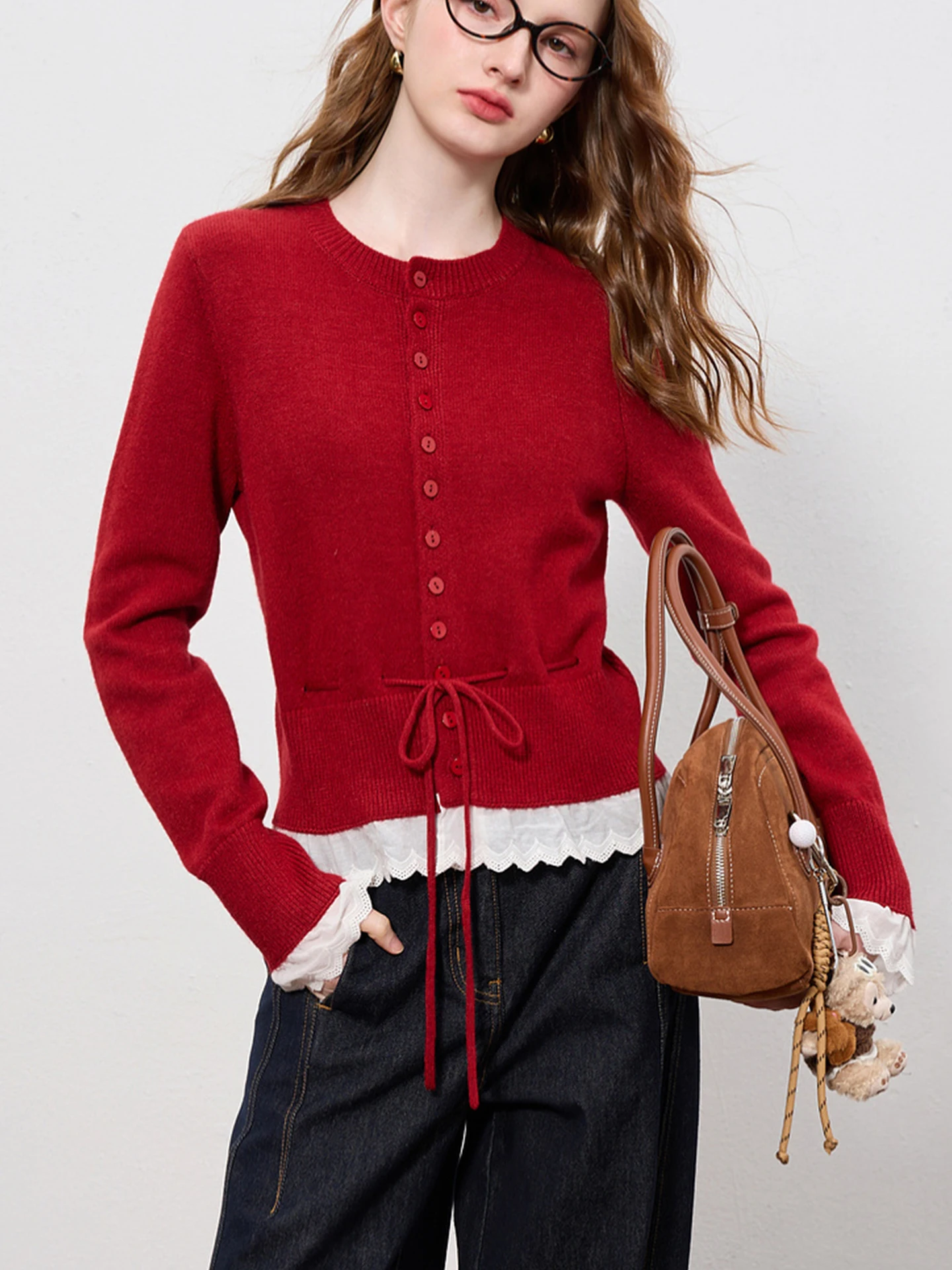 Ele Long Sve Strickjacke Pullover Oberbekleidung rund Ne Spitze Patchwork Abnehmen Trendy Herbst Faion Poem Art Lin