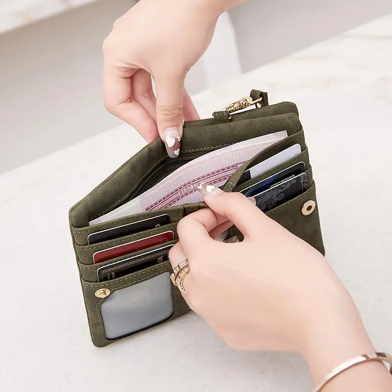 Dompet koin หนัง PU สั้นสีด้านสำหรับผู้หญิงกระเป๋าใส่บัตรเครดิตใส่บัตรอเนกประสงค์ย้อนยุคทนทานต่อการฉีกขาด