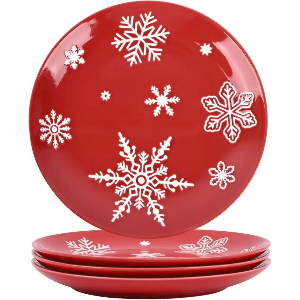 

4 Pieces Ceramic Christmas Salad Plates Set, 8 Inch White Red Snowflake Xmas Holiday Porcelain Side Appetizer Dishes Serving Des