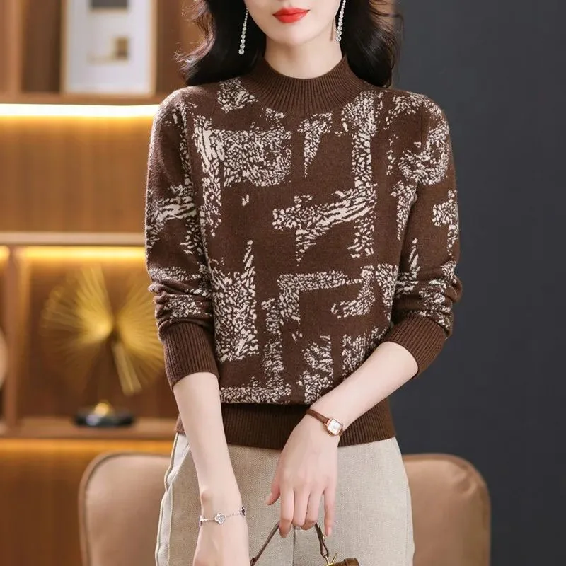 New Autumn/Winter Fashion Korean Edition Colorblock Jacquard Half High Neck Loose Versatile Slim Women\'s Long Sleeve Sweater