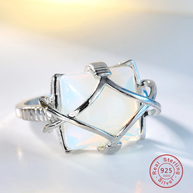 

Grid Bezel Natural Opal Ring For Women Wedding Engagement Gift Gemstone Square Real SIlver Color Fine Jewelry