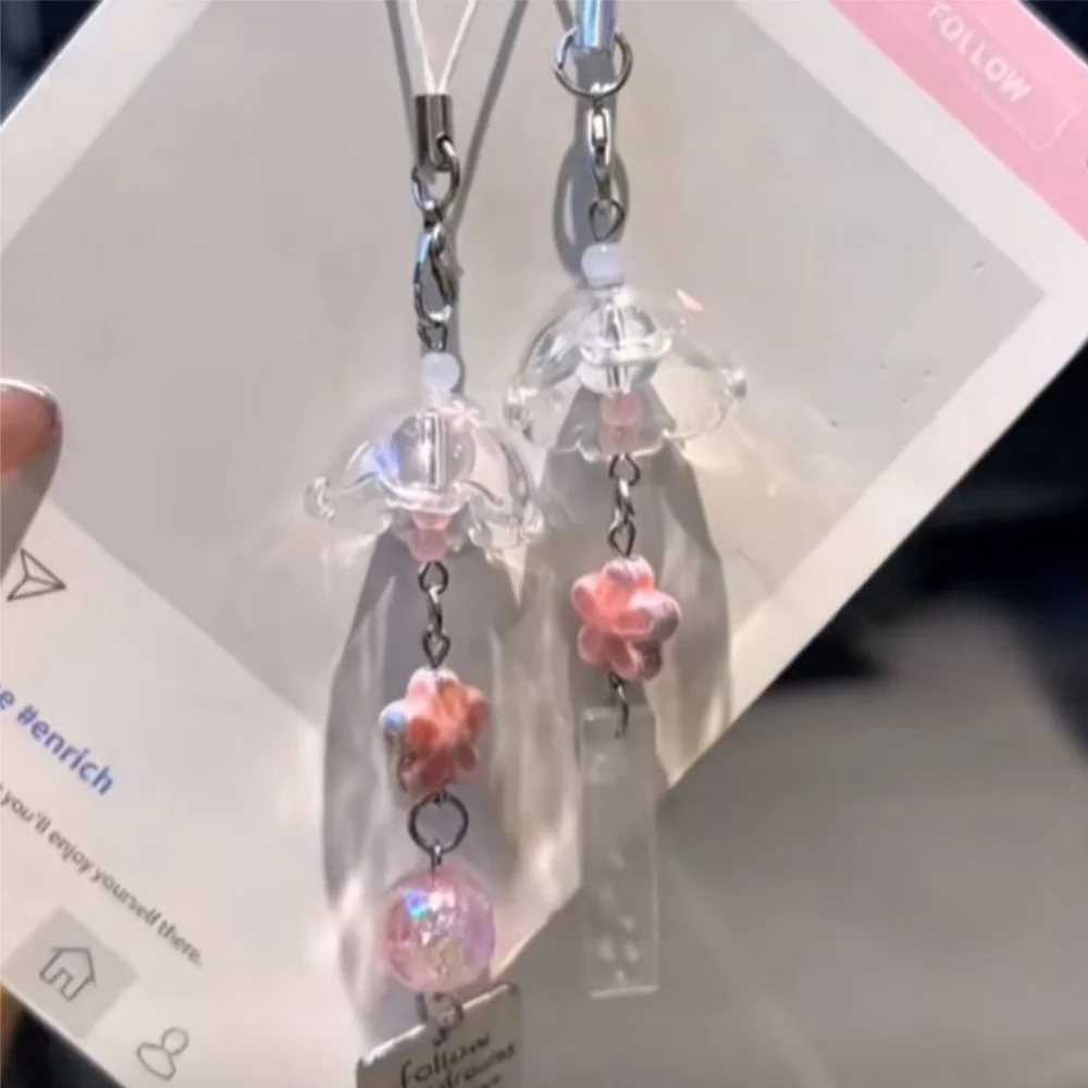 Handmade Beads Pendant Plastic Ins Phone Chain Cherry Blossoms Keychain Simple Wind Chimes Pendant For Phone Camera Bag