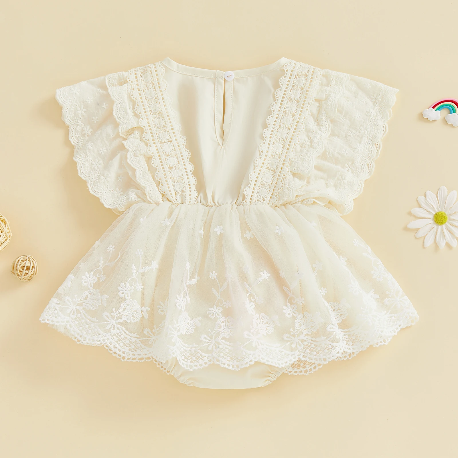 فستان Suefunskry للفتيات الصغيرات من الدانتيل رومبير عصري مطرز بالزهور بدون أكمام مكشكش