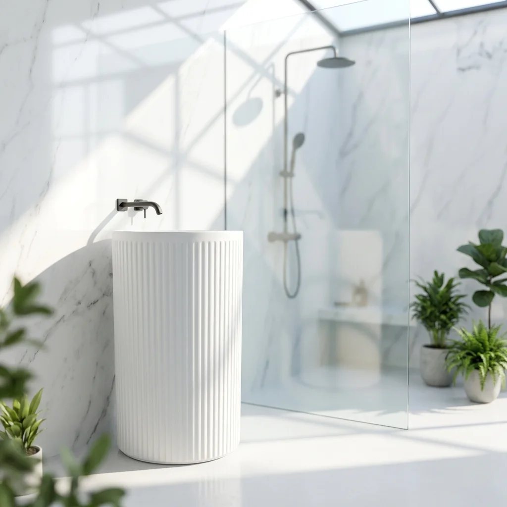 Modern Acrylic Solid Surface Corner Wash Basin Freestanding Pedestal Sink Custom Design Bathroom Vanity for Hotel Villa