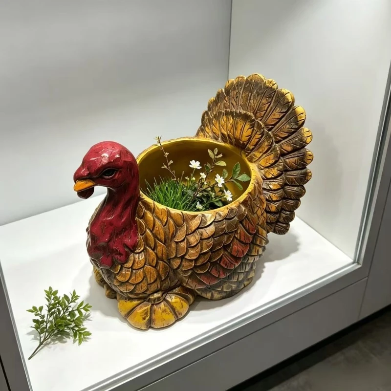 Decorative Resin Turkey Vessel with Raised Plumage Texture for Dried Flower Arrangements and Unfilled Thanksgiving Table Y5GB