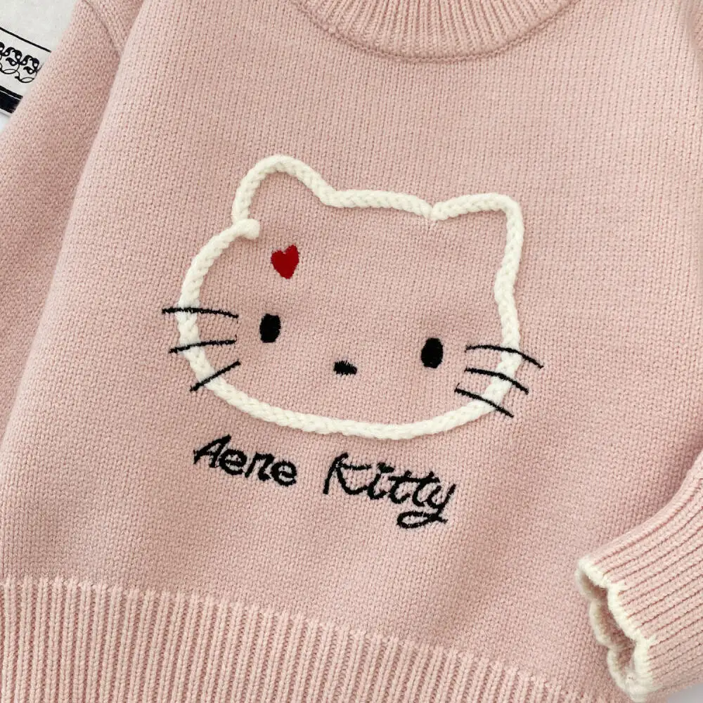 سانريو مرحبا كيتي الفتيات الخريف والشتاء الكرتون سترة نمط جديد الفتيات Kawaii نمط جولة الرقبة Kt القط سترة البلوز الأعلى