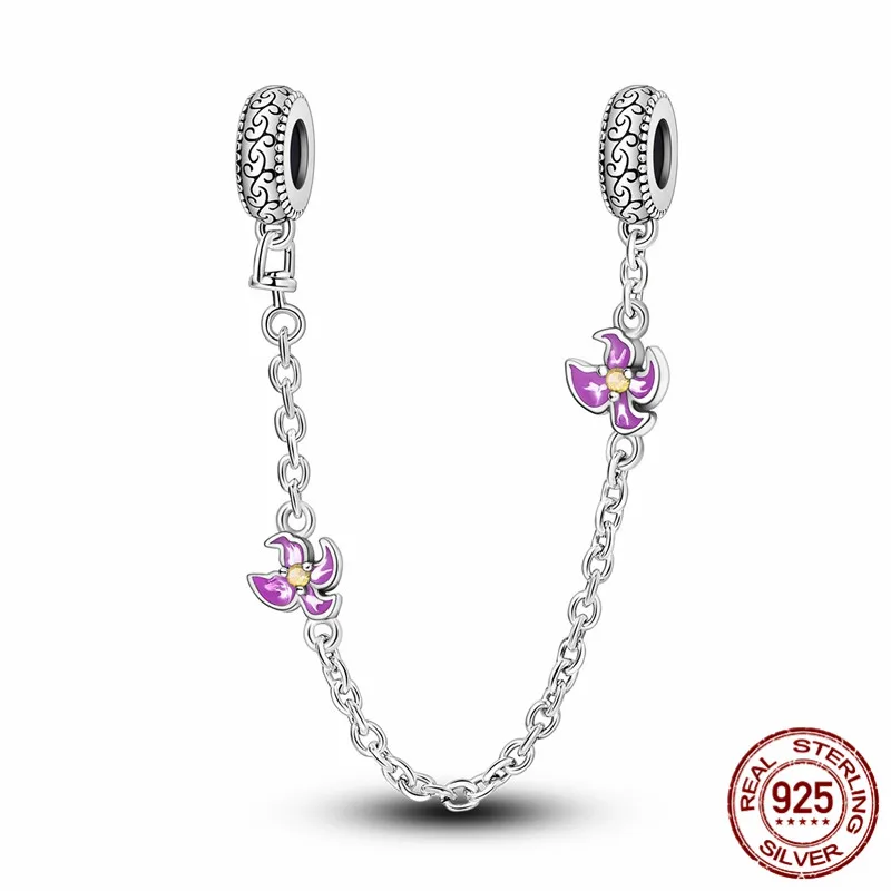

925 Sterling Silver Iris Flower Safety Chain Charm Bead, perfect for original bracelets and DIY jewelry for women.