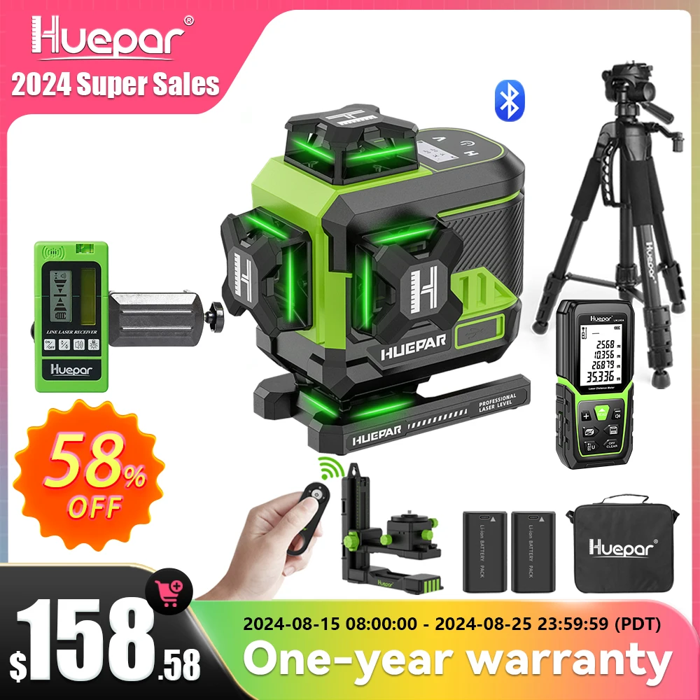 

Huepar 4D 16 Lines Cross Line Laser Level Z04CG LCD Screen Bluetooth & Remote Control Osram Green Beam With 2x Li-ion Batteries