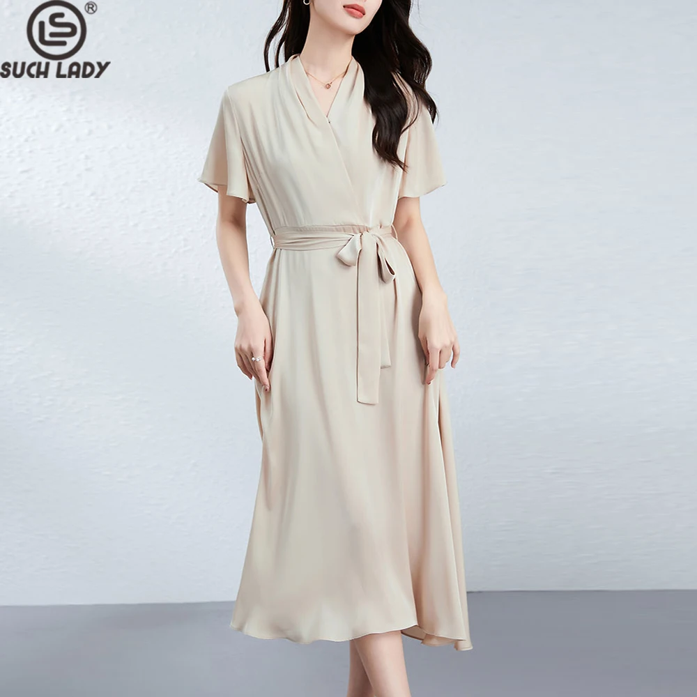 

100% Silk Women's Dresses V Neck Short Sleeves Lace Up Belt Fashion Mid Vestidos
