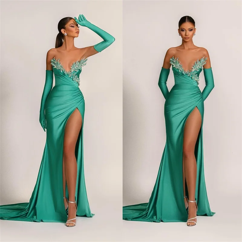 

Green Satin Prom Dress With Detachable Gloves Appliqued Beaded Sexy Homcoming Evening Party Gown Custom Made Robes De Mariée