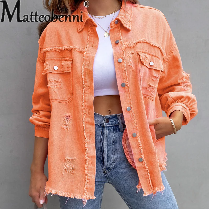 Sweet Color Splicing Pocket Denim Jacket Female Fashion Streetwear Lapel Long Sleeves Single-breasted Cardigan Loose Women Coat