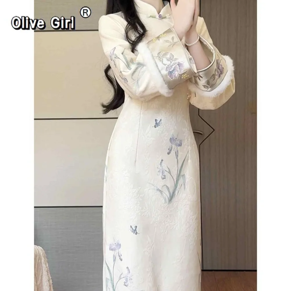 

Chinese Dress Cheongsam Qipao Traditional Clothing Retro 2025 Thick Velvet Inverted Sleeves High-end Elegant Young Style Daily