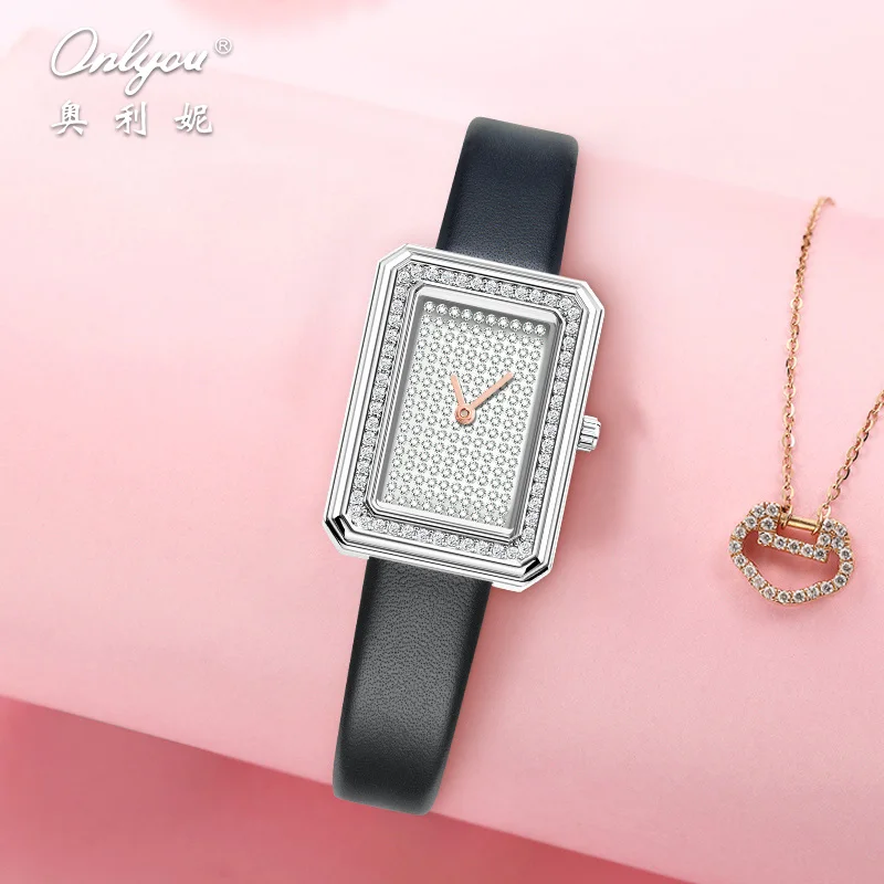 ONLYOU นาฬิกาผู้หญิงทรงสี่เหลี่ยม |   นาฬิกาสายหนังหรูหรามีสไตล์พร้อมการตกแต่ง Rhinestone |   นาฬิกาชุดสตรีที่สง่างาม