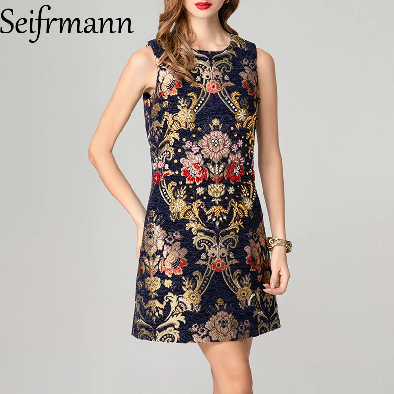 

Seifrmann Sleeveless round neck embroidered slim fit temperament vacation camping women's fashionable dress