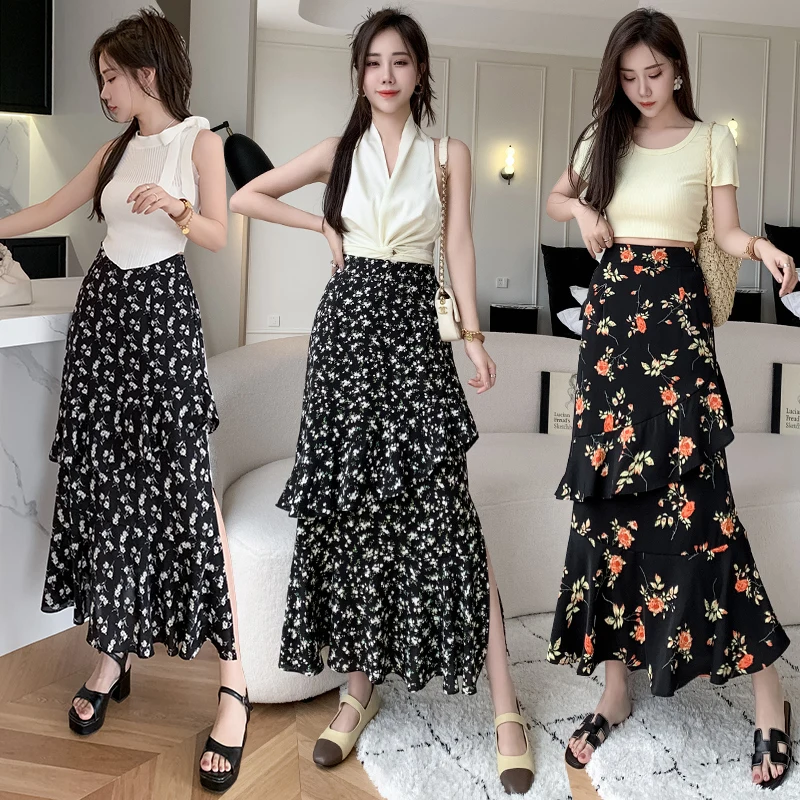 

Girls Fashion Splice Chiffon Floral Skirts Women Colthing Ladies Summer Casual Split Hem Flounce Skirt Female Outerwear Clothes