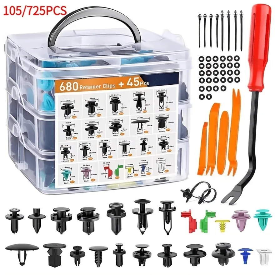 105/725-Piece Automotive Push Pin and Bumper Clip Kit – Fasteners, Fender Clips, Door Panel and Trunk Trim Rivets – Includes Removal Tools and Zip Ties; Compatible with Toyota, Honda, Ford, Chevrolet, and Nissan; Suitable for Most Cars, SUVs, and Trucks