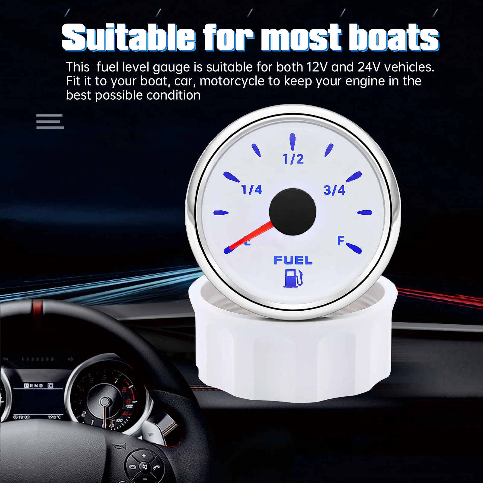 Universal Gasolin Fuel Meter for Car 12v 52MM Gauge Indicator 0-190ohm Stainless Steel Fuel Level sensor with 7colors Backlight